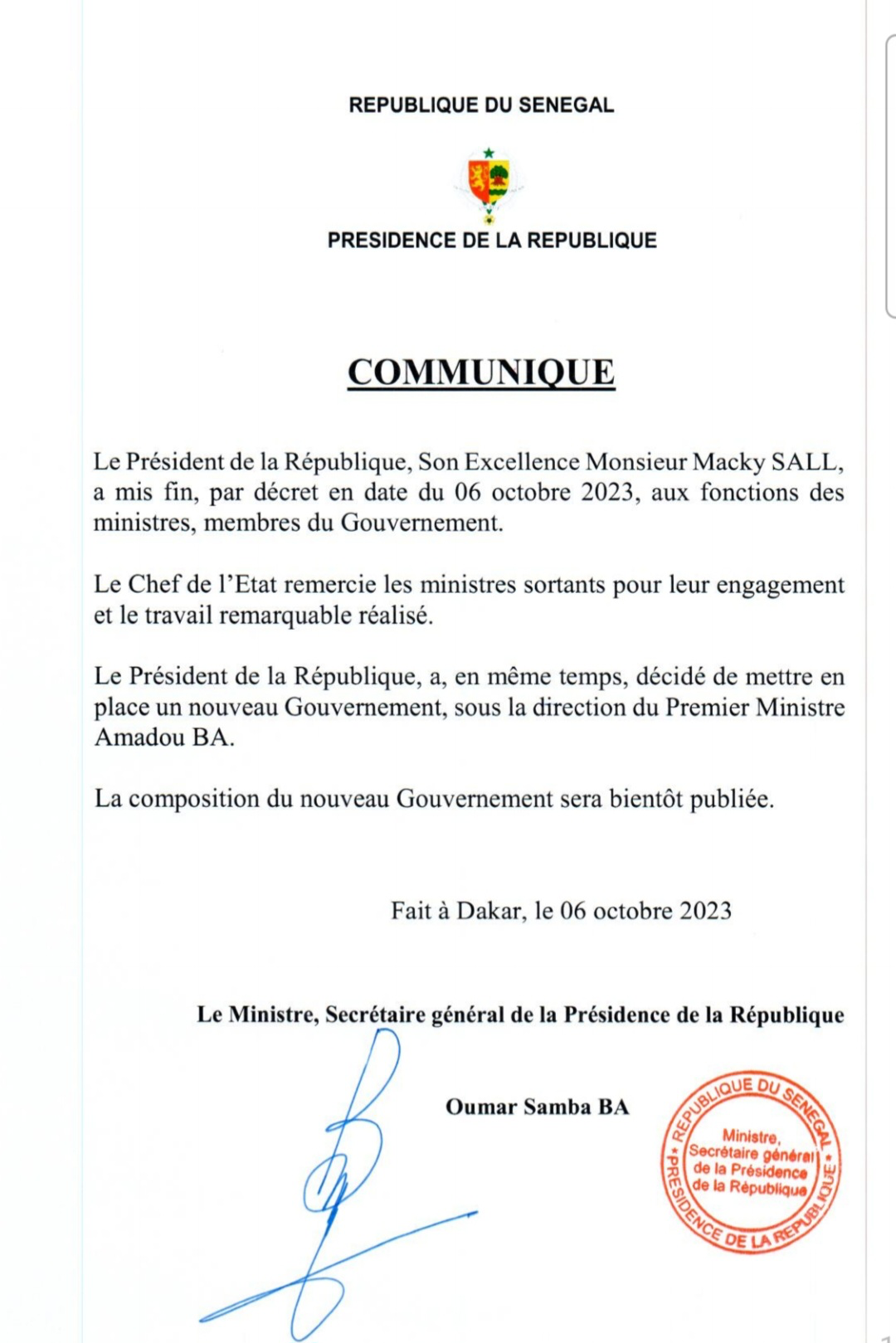 Sénégal : Macky Sall dissout le gouvernement et reconduit Amadou Ba
