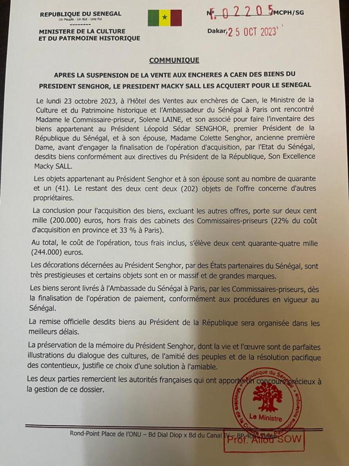 Vente aux enchères des biens du Président Senghor : le Sénégal les acquiert pour 159 millions