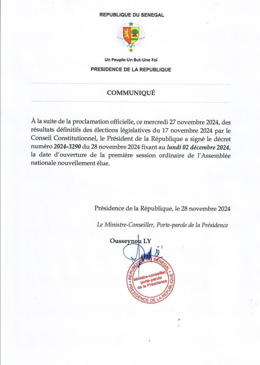 Sénégal : l’ouverture de la première session de la nouvelle assemblée nationale fixée au 2 décembre 