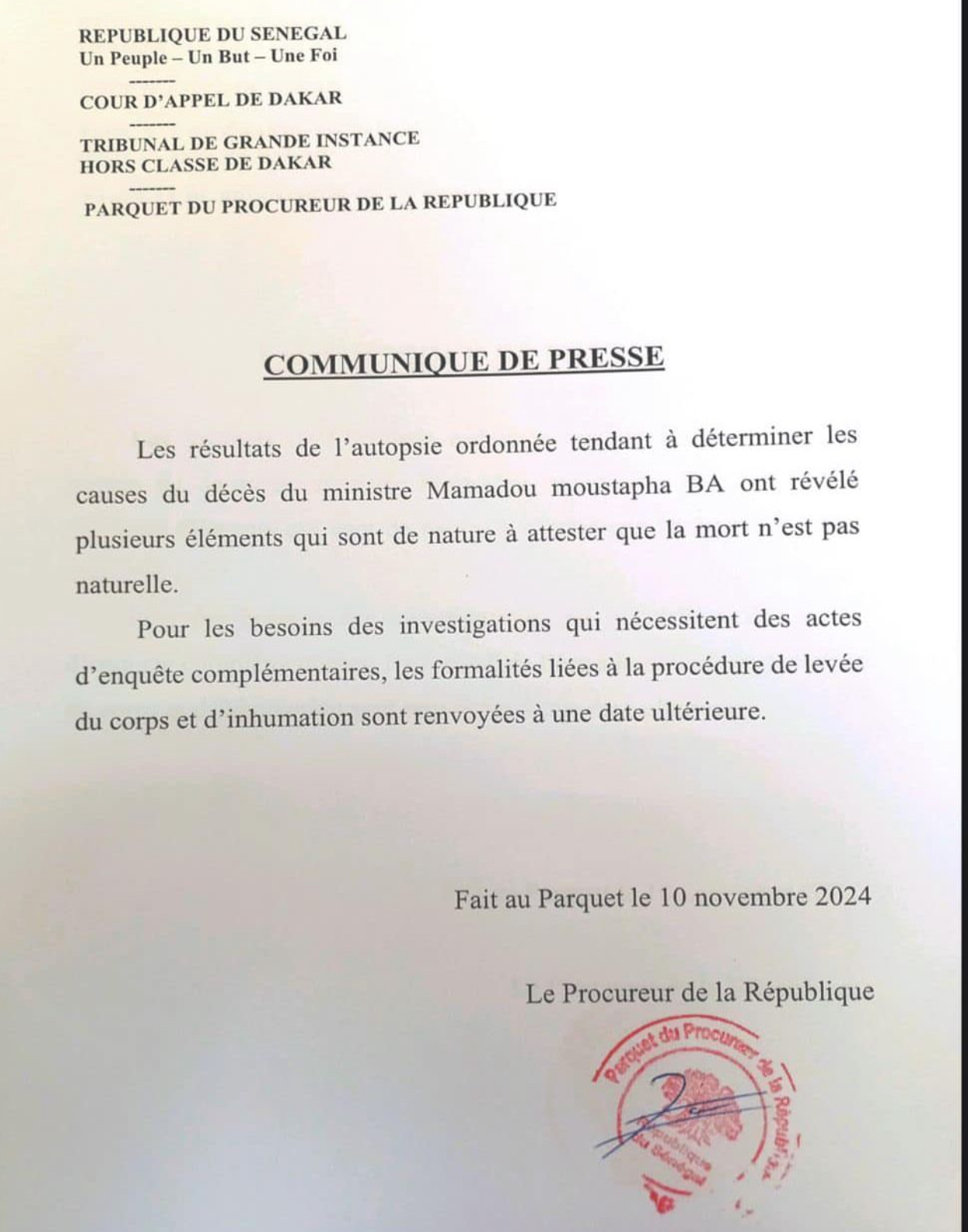 Communiqué de presse du procureur de la République