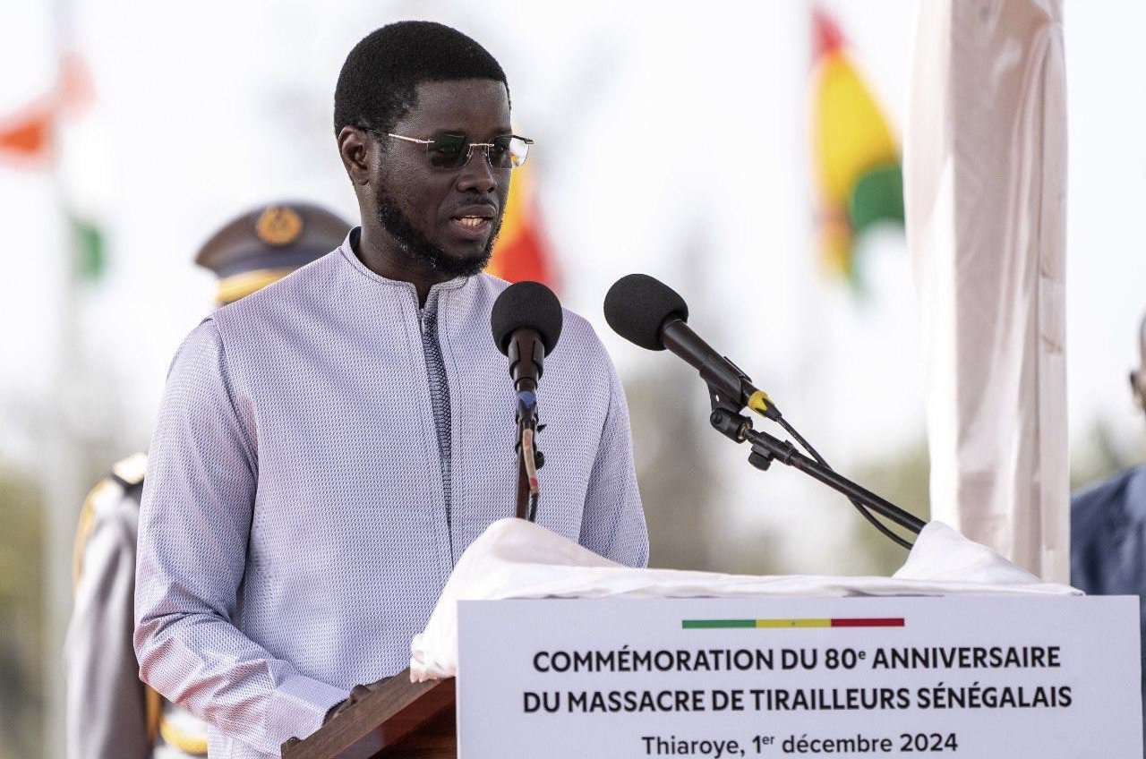 Bassirou Diomaye Diakhar Faye, président de la République du Sénégal la cérémonie solennelle de Commémoration du 80ème anniversaire du massacre de Thiaroye44 le 1er décembre 2024