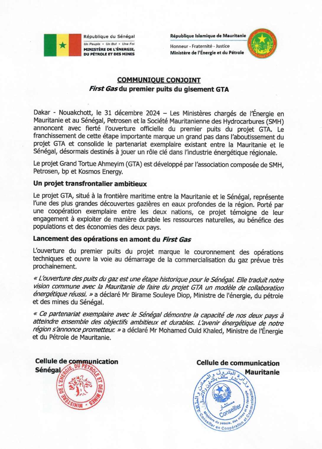 Sénégal : le premier puit de gaz Grand Tortue Ahmeyim inauguré