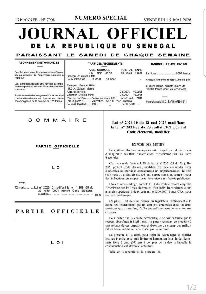 loi n° 2026-10 modifiant le Code électoral